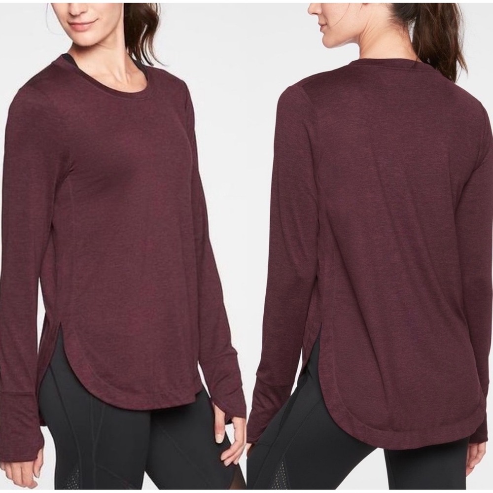 Athleta Womens Heathered Burgundy Long Sleeve Activewear Top Thumbholes Sz M‎